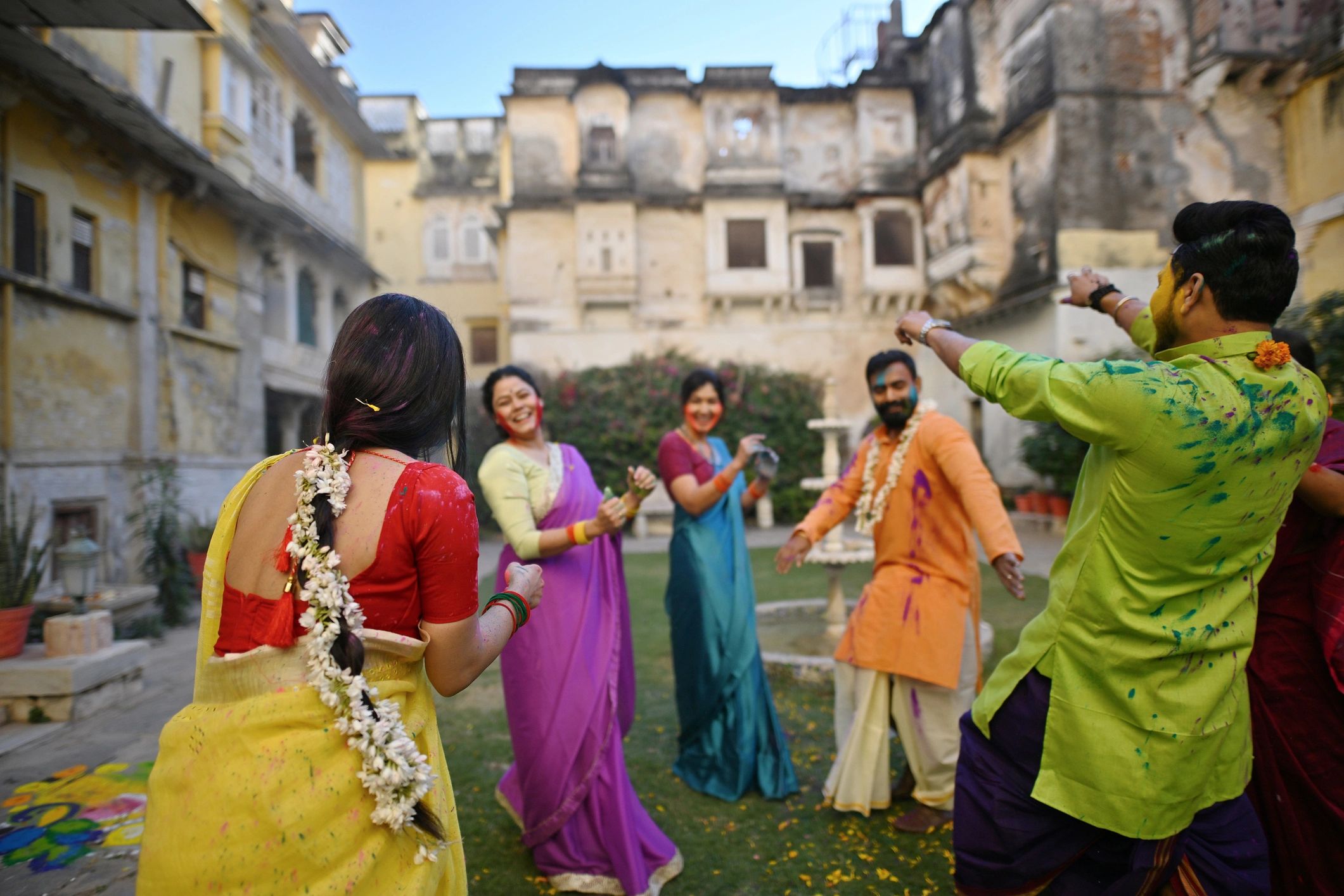 Indian classical dance students in colorful traditional attire